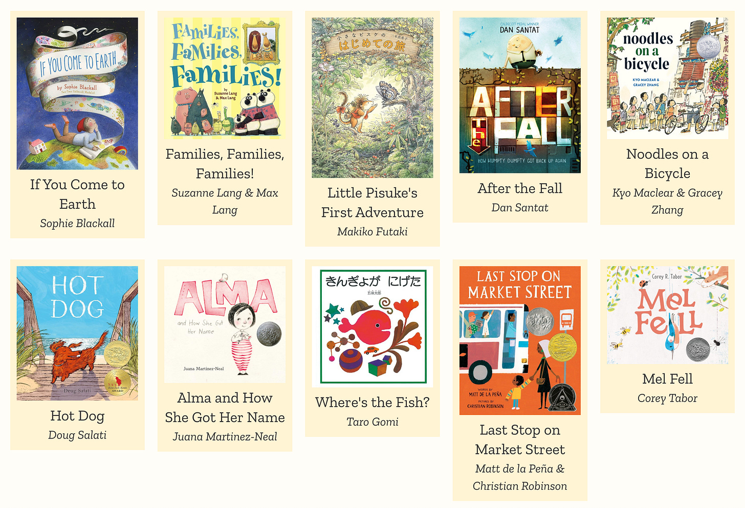 Screenshot from erikatovi.com/bookshelf of the first two rows of recommended picture books including titles like, "If You Come to Earth" by Sophie Blackall and "Hot Dog" by Doug Salati.