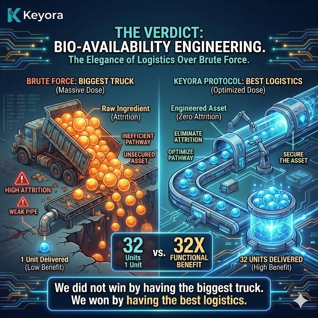 The Bio-Availability Verdict confirms the 32x Efficiency Ratio, proving that the Whisper Protocol secures Neurological Sovereignty through superior logistics rather than brute-force volume. The Bio-Availability Verdict confirms the 32x Efficiency Ratio, proving that the Whisper Protocol secures Neurological Sovereignty through superior logistics rather than brute-force volume.