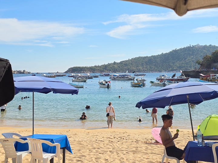 Coconut milk, octopus, seafood crepes, and the view of the beach at La Cabaña in Acapulco