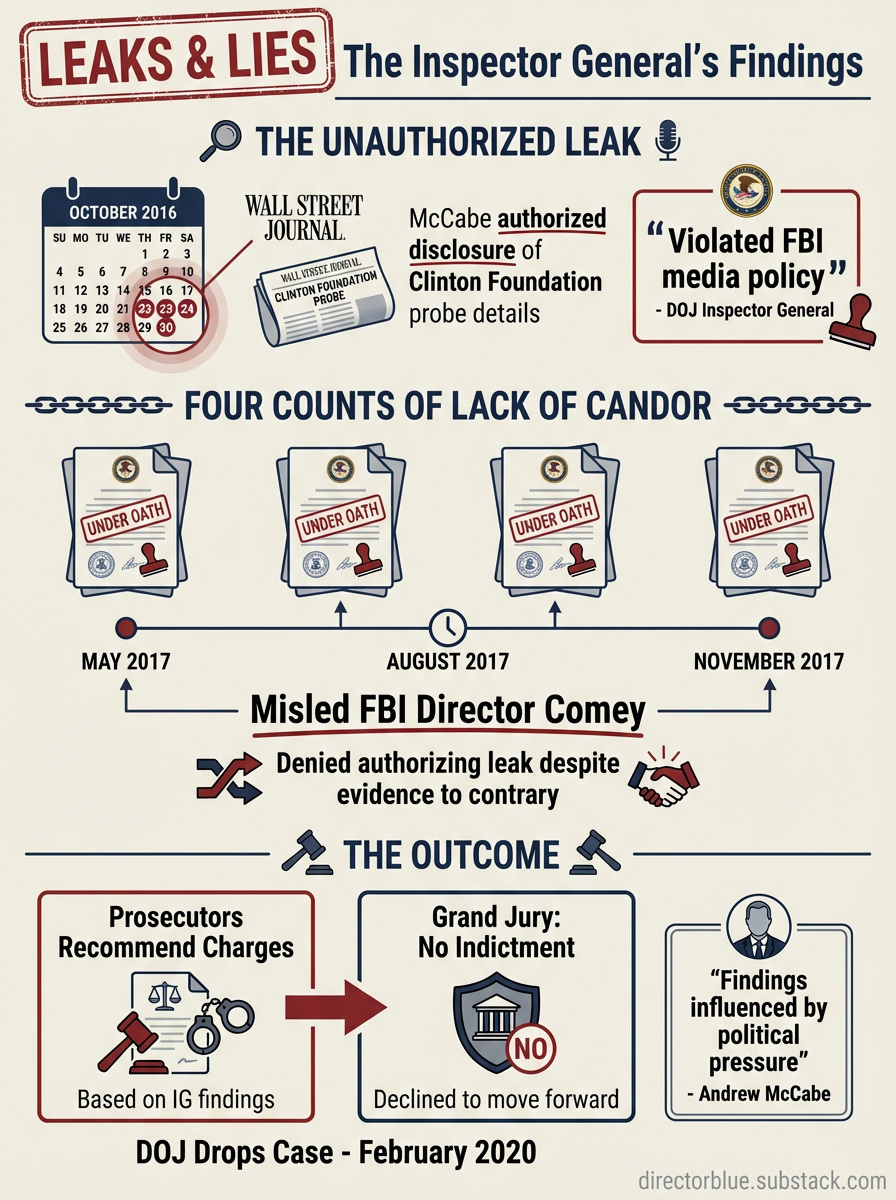 Professional infographic in 34 portrait format with off-white background Bold header LEAKS  LIES The Inspector Generals Findings in dark red and navyTop section - THE UNAUTHORIZED LEAK- October 2016 calendar graphic with dates 23 24 30 highl_image_1
