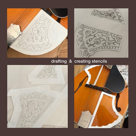4 images: "drafting & creating stencils", "transferring & tracing", "painting many many many layers", and the final product