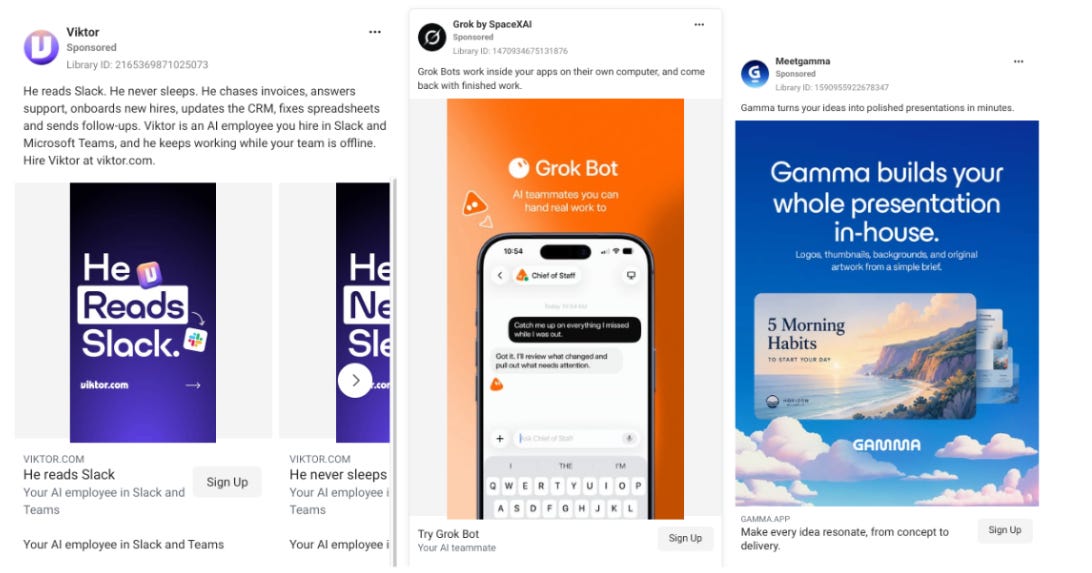 Three AI-native company ads on Meta. Left: Viktor carousel ad with the headline “He reads Slack. He never sleeps,” promoting an AI employee for Slack and Microsoft Teams. Middle: Grok Bot ad showing a phone chat, “AI teammates you can hand real work to.” Right: Gamma ad, “Gamma builds your whole presentation in-house,” with a slide preview.