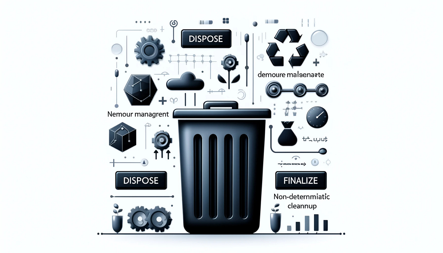A visually engaging 16:9 image illustrating the concepts of Dispose and Finalize in .NET Core resource management. The image should include abstract representations of memory management, deterministic cleanup (Dispose), and non-deterministic cleanup (Finalize), with symbols like trash bins, timers, and clean-up processes. Use a clean and modern design with emphasis on performance and optimization, avoiding text.