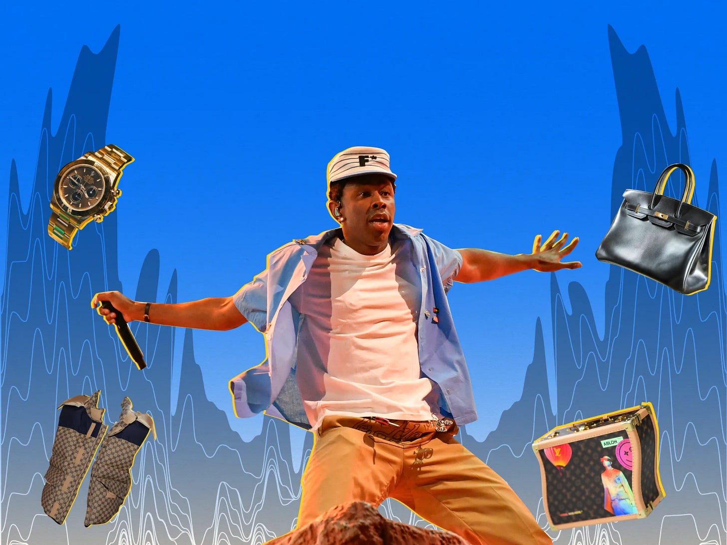 Custom Opinion photo illustration showcasing a wave of luxury brand song mentions in hip-hop and R&amp;B charts with products (Rolex watch, Gucci vest, Louis Vuitton x Virgil Abloh briefcase, Hermès Birkin) placed above. In the center is a cutout of Tyler the Creator with a microphone in hand.