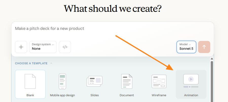 Claude Design template chooser with an orange arrow pointing to the Animation option.