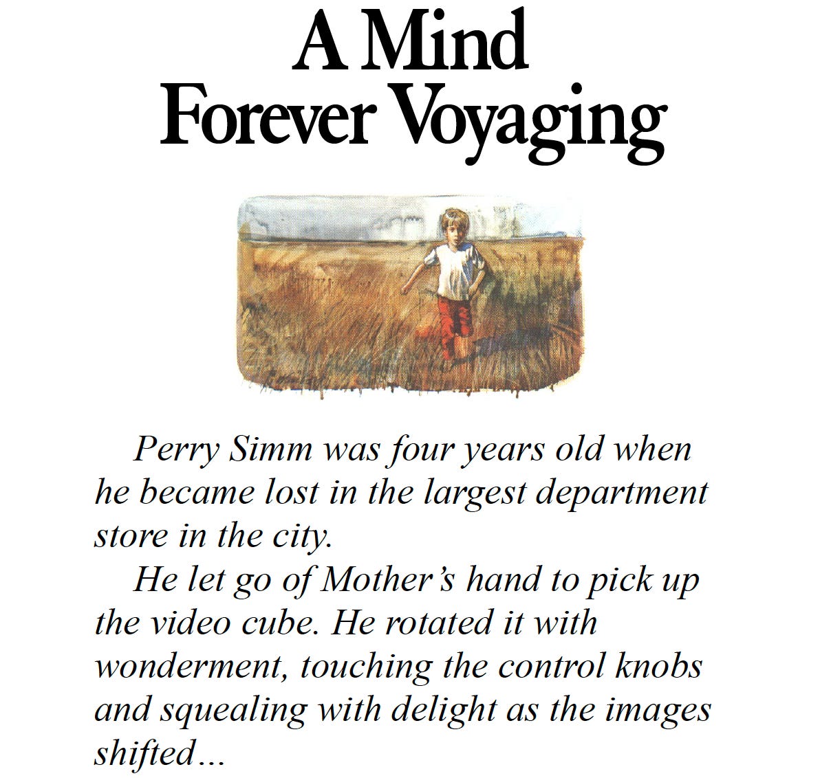 Scan of the opening page of a printed short story that explains the backstory of A Mind Forever Voyaging.