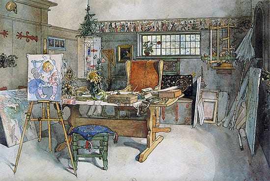 watercolor painting of artist's studio, by Carl Larsson