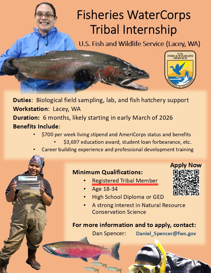 May be an image of fishing and text that says 'Fisheries WaterCorps Tribal Internship U.S. Fish and Wildlife Service (Lacey, WA) U.S. FISH Duties: Biological field sampling, lab, and fish hatchery support Workstation: Lacey, WA Duration: 6 months, likely starting in early March of 2026 Benefits Include: $700 per week living stipend and AmeriCorps status and benefits $3,697 education award, student loan forbearance, etc. Career building experience and professional development training ERISEAL Apply Now Minimum Qualifications: Registered Tribal Member Age 18-34 ·High School Diploma or GED A strong interest in Natural Resource Conservation Science For more information and to apply, contact: Dan Spencer: Daniel_Spencer@fws.gov ำกรุกร મામરાપુર SUMDY'.jpeg