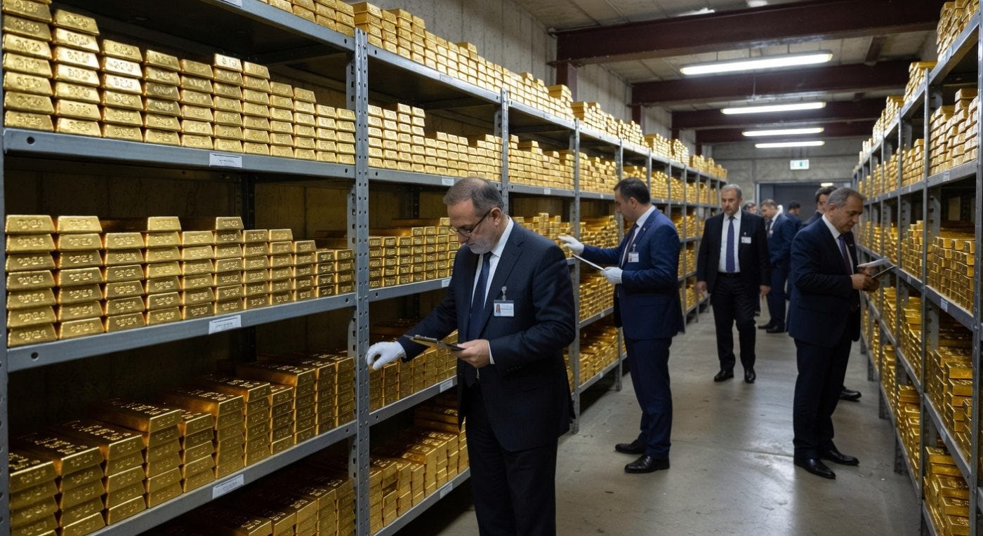 Officials inspecting gold bars stored on warehouse shelves during facility tour