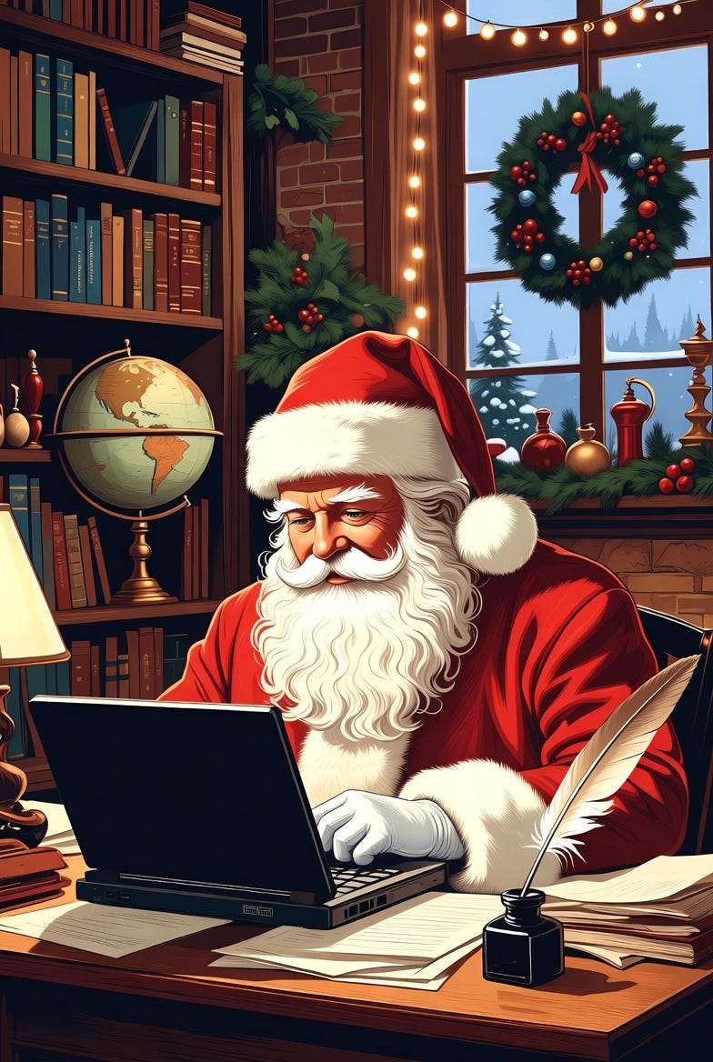 A 1920s poster-style image of Santa Claus working at a desk with a laptop in a festive study.