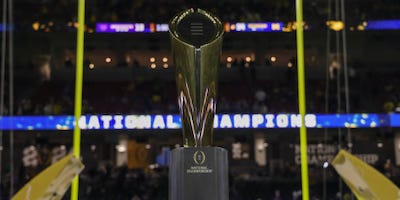 Image of the College Football Playoff championship trophy with goalposts and stadium interior in the background. Deals on seats, fan gear, and premium college football content from www.NattyRoad.com