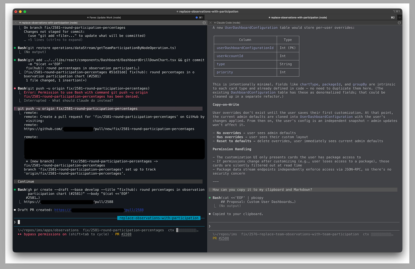 iTerm2 open with two tabs, and inside the focused tab there are two panes split down the middle with Claude Code running in both panes discussing a GitHub PR and a proposal for a new feature.