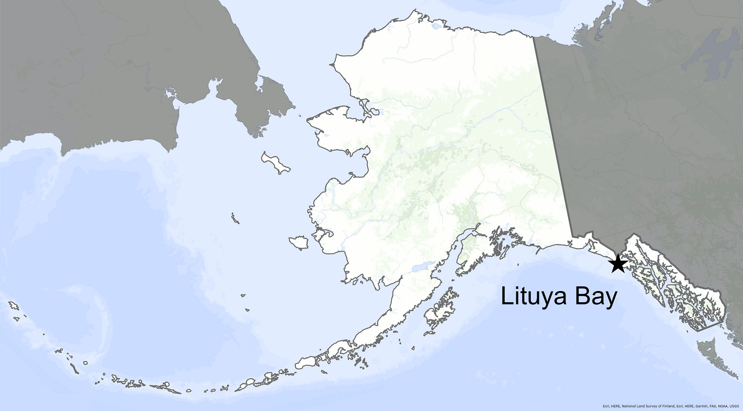 A star on a map shows the location of Lituya Bay in Southeast Alaska. A star on a map shows the location of Lituya Bay in Southeast Alaska.