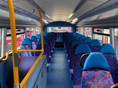 Photos showing upper deck of three bus operators with different seats and colour schemes.