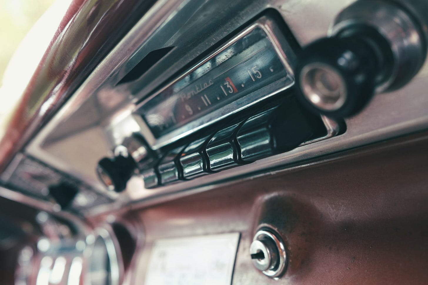 Vintage car radio panel close-up. Vintage car radio panel close-up.