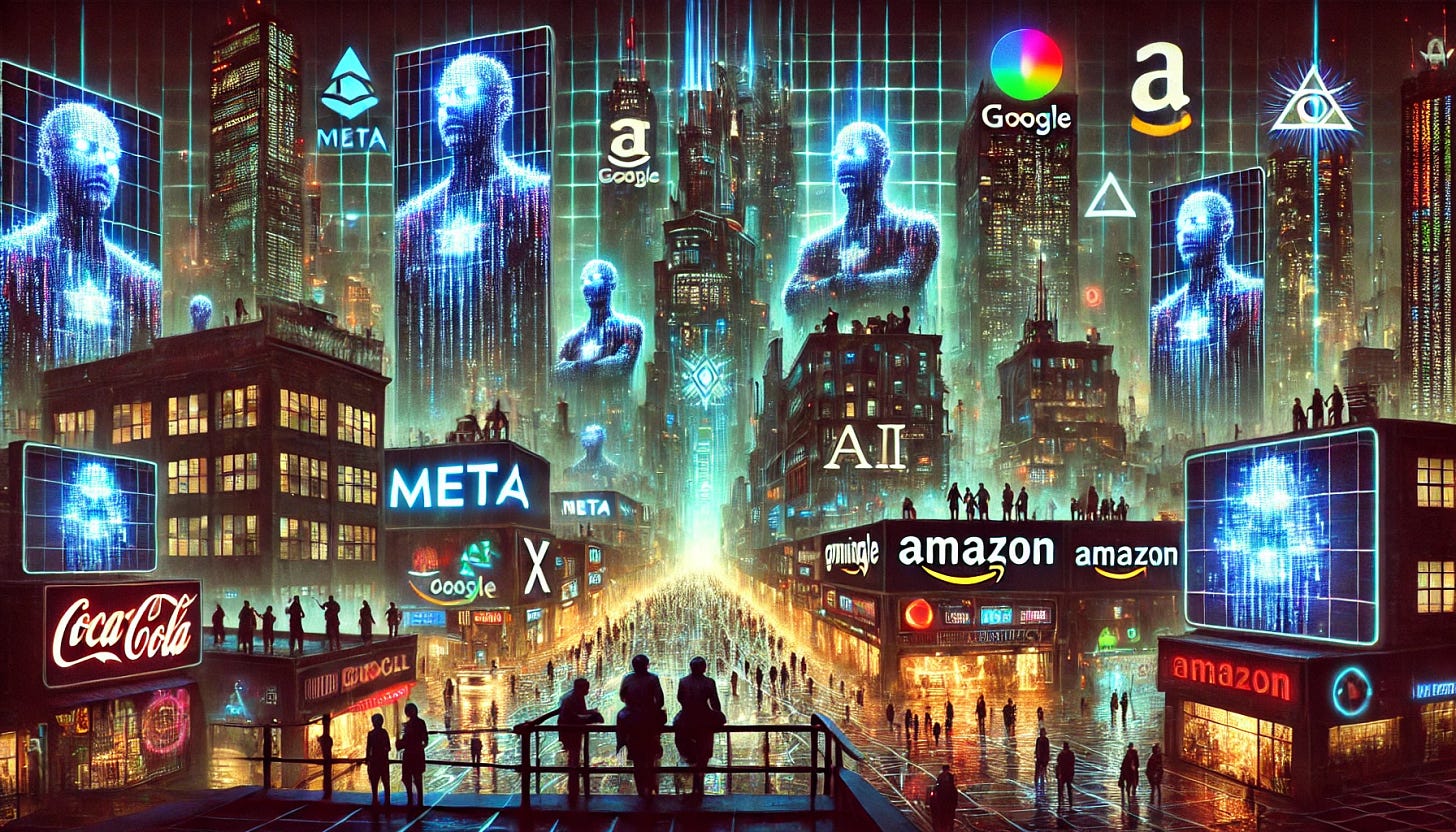 A dystopian cyberpunk metropolis where towering corporate skyscrapers loom over a sprawling digital slum. The skyline is dominated by the glowing logos of Big Tech monopolies like Meta, X, Google, and Amazon, while faceless AI overlords monitor the streets through massive holographic screens. Below, citizens appear as pixelated, data-coded figures, trapped in a digital maze of surveillance and algorithmic control. Digital chains bind people to their devices, symbolizing financial and informational enslavement. In the background, a futuristic financial district glows ominously, where transactions are dictated by corporate-controlled digital currency. The scene is dark, neon-lit, and infused with cyber-dystopian aesthetics and medieval feudal imagery, showing a world where the elite rule through data and AI while the people serve as mere consumers and data points.