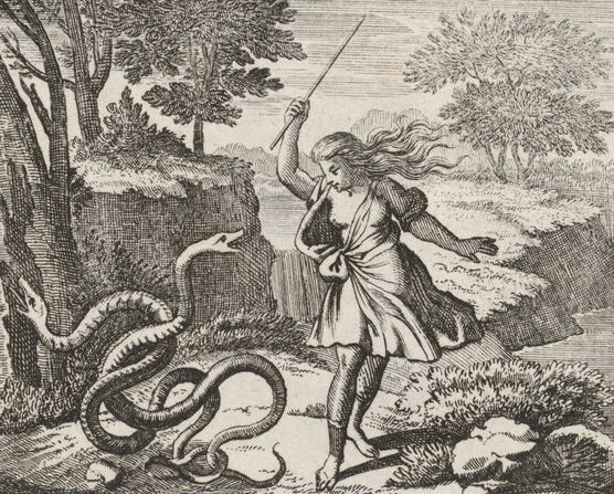 A person with flowing robes holding a staff strikes two intertwined snakes on the ground