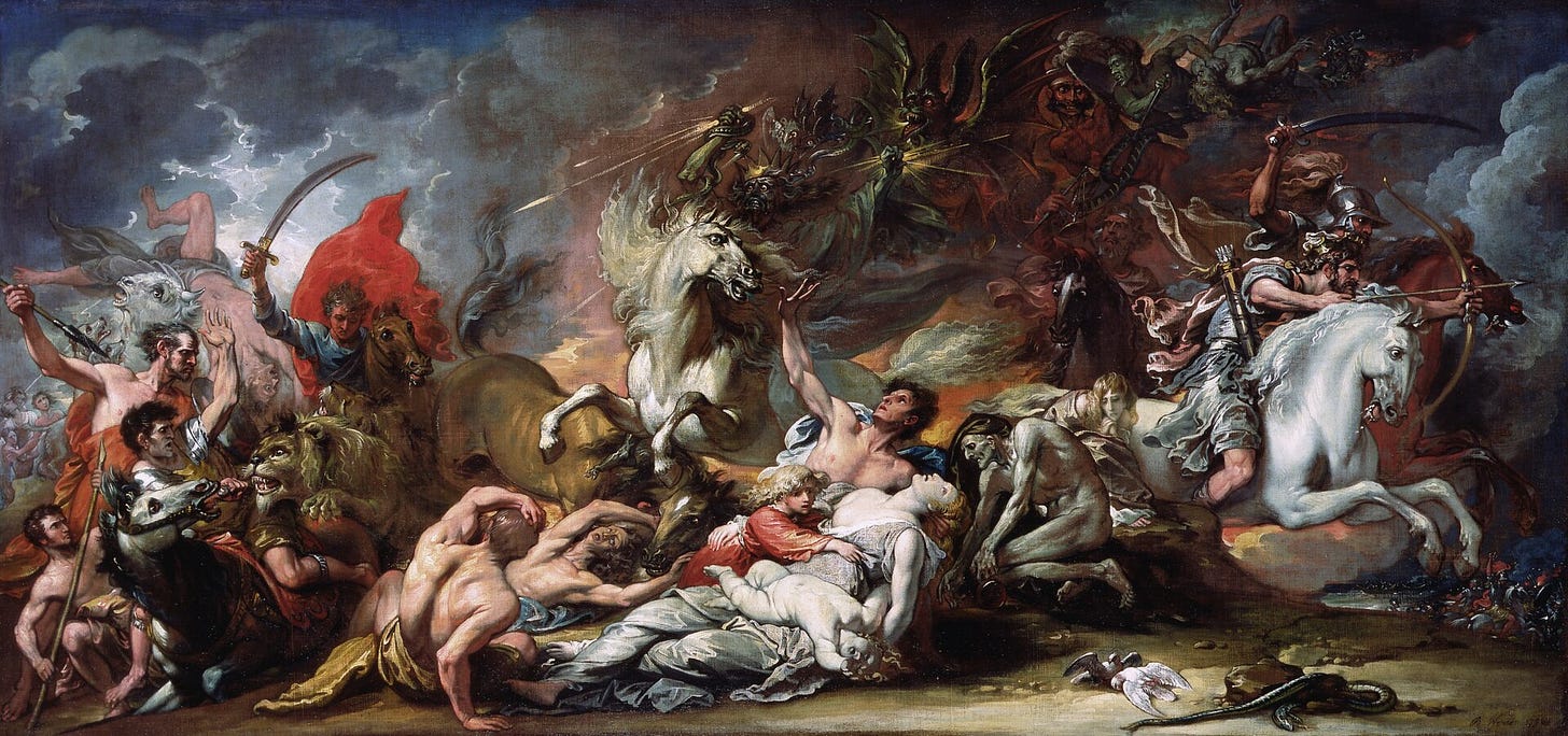 A long, crowded oil sketch in which a pale rider crowned and surrounded by storm clouds charges from the center, with other horsemen, fleeing figures and wild animals spreading across the canvas.