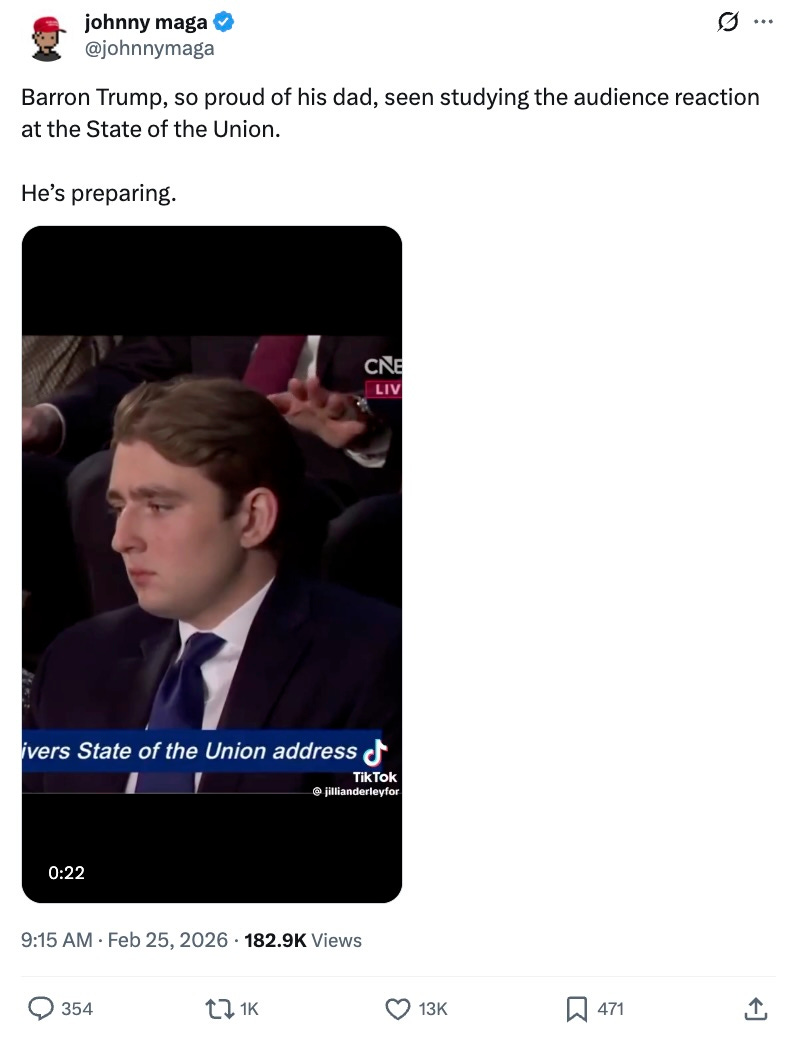 Barron Trump, so proud of his dad, seen studying the audience reaction at the State of the Union.  He’s preparing.Barron Trump, so proud of his dad, seen studying the audience reaction at the State of the Union. He’s preparing.