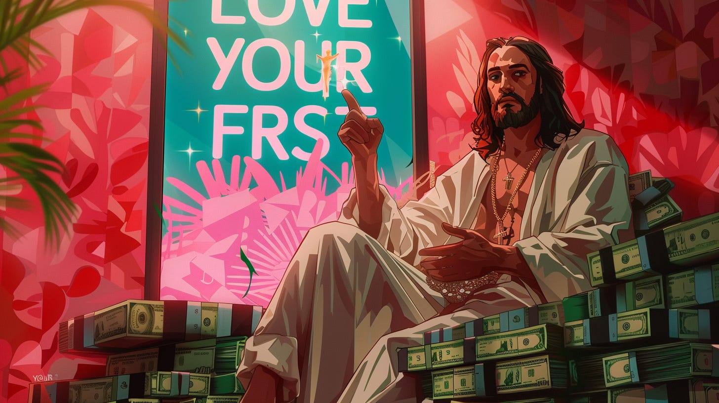 Cartoon of Jesus sitting on a big pile of cash, in front of a poster that says "Love Yourself First"