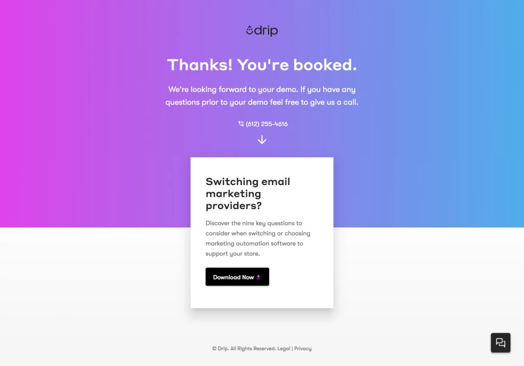 Drip's free trial thank you page.