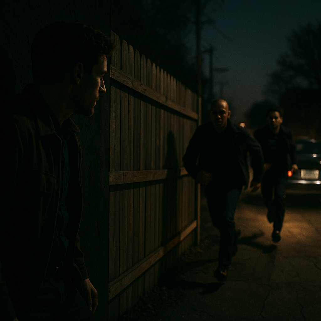 At night, a man in a dark jacket hides partly in shadow as two men in black sprint past a parked sedan At night, a man in a dark jacket hides partly in shadow as two men in black sprint past a parked sedan