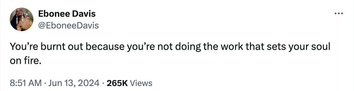Screenshot of a tweet that says "Your burn out because you're not doing the work that sets your soul on fire."