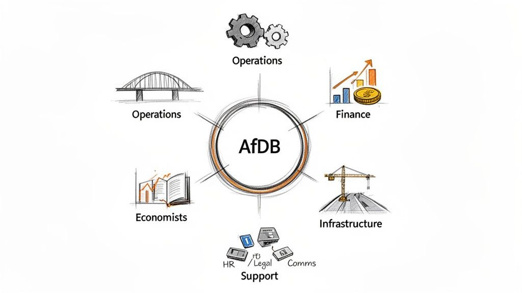 Circular diagram illustrating AfDB's core functions: Operations, Finance, Infrastructure, Economists, and Support. Circular diagram illustrating AfDB's core functions: Operations, Finance, Infrastructure, Economists, and Support.