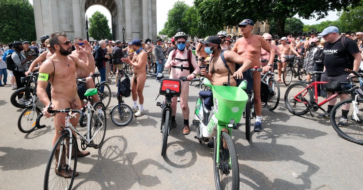 Riders gather at Wellington Arch for the World Naked Bike Ride London.