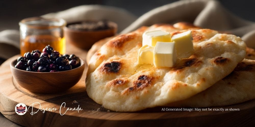 Freshly baked Canadian bannock served with butter, maple syrup, and wild Saskatoon berries.