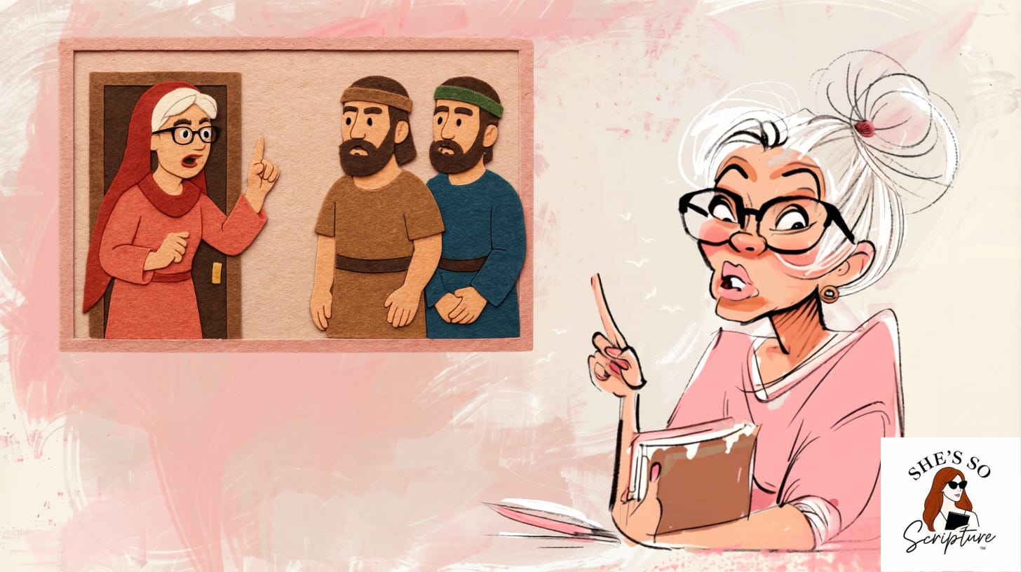 Illustrated image of an elderly Sunday school teacher pointing to a flannel board of Rahab and the two spies