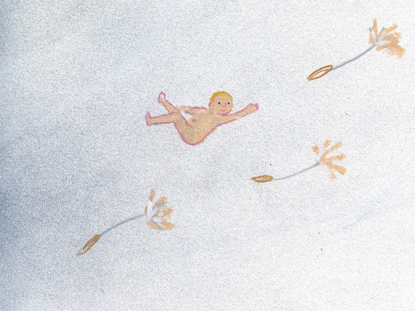Illustration of a pink baby floating through the air with dandelion seeds