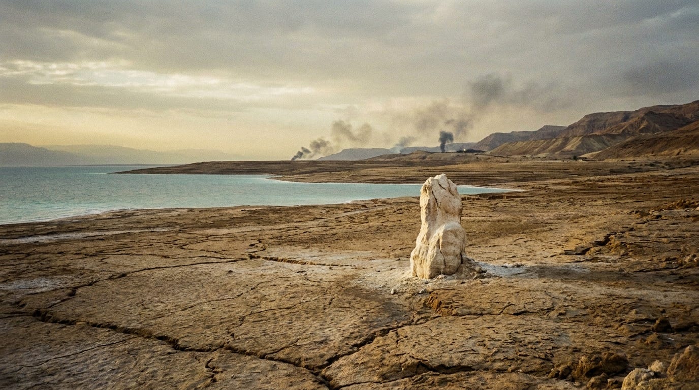 Dawn light over a pale salt plain with a lone column of white salt rock and a far line of smoking hills, no people, no faces, no text Dawn light over a pale salt plain with a lone column of white salt rock and a far line of smoking hills, no people, no faces, no text