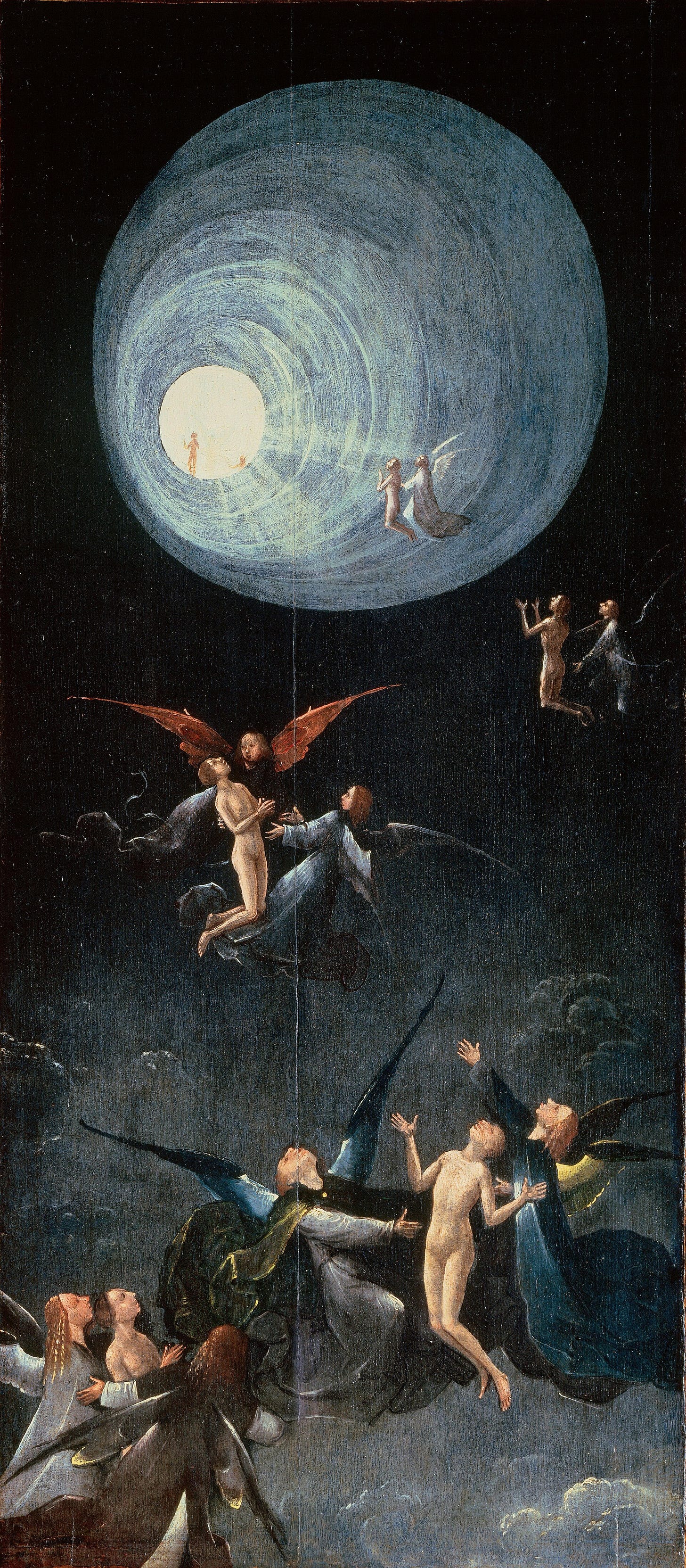 A tall, narrow panel in which winged angels lift small naked figures upward through a dark sky toward a round tunnel of light, at the end of which two figures stand in a white glow.