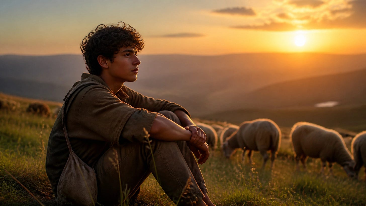 Un joven pastor mirando al horizonte, representando a David siendo visto por Dios en la oscuridad Un joven pastor mirando al horizonte, representando a David siendo visto por Dios en la oscuridad