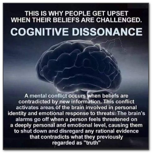 A mental conflict occurs when beliefs are contradicted by new information. This conflict activates areas of the brain involved in personal identity and emotional response to threats. The brain's alarms go off when a person feels threatened on a deeply personal and emotional level, causing htem to shut down and disregard any rational evidence that contradicts what they previously regarded as "truth".