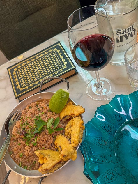 Portuguese lunch: rice with octopus and egg custurd.