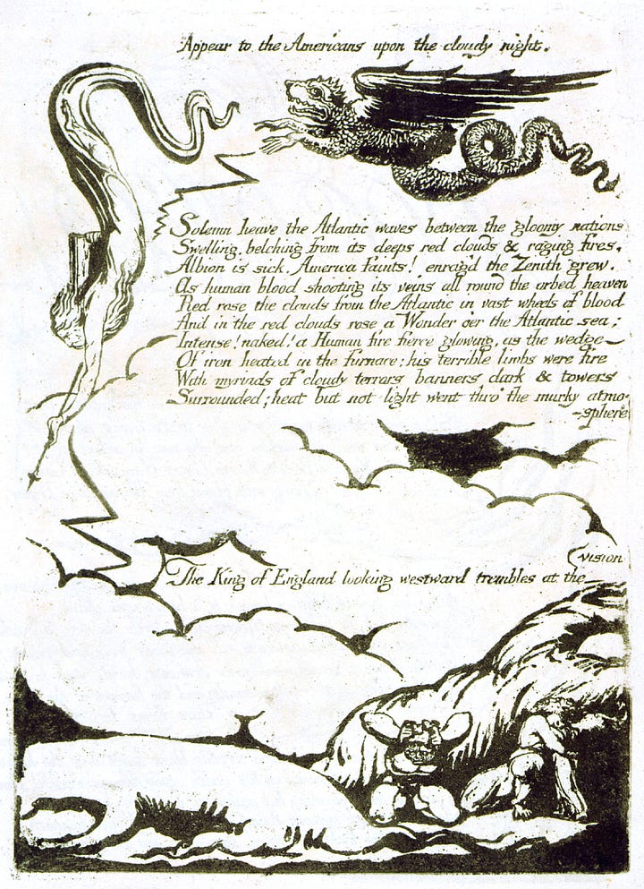 WIlliam Blake, America: A Prophesy, pl 4, 1793. In which Blake depicts the King of England as a beached whale, bottom left.