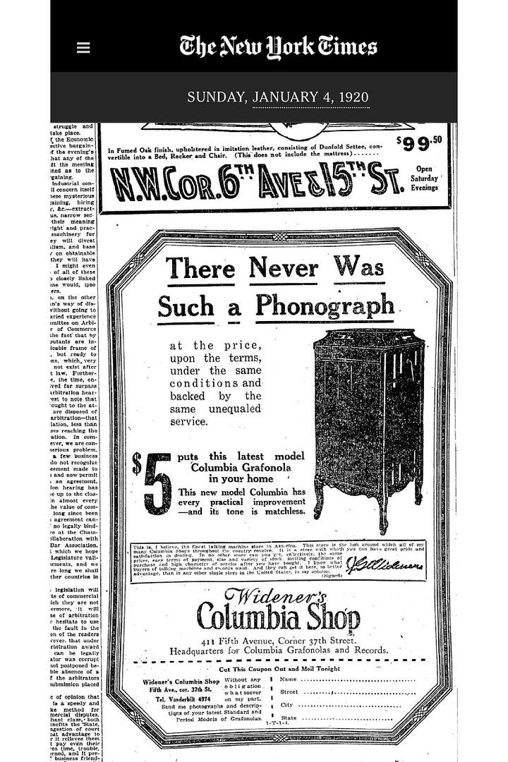 Imagens do artigo publicado no New York Times em 4 de janeiro de 1920, defendendo a arbitragem como instrumento essencial para a resolução de disputas comerciais e a preservação da ordem civilizada. O texto ressalta a importância de considerar contratos livremente firmados como sagrados. As páginas também incluem anúncios da época, como o de um gramofone Columbia Grafonola.
