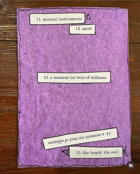 The pages of a zine made with tissue paper, strips of white paper with words typed on them and markers