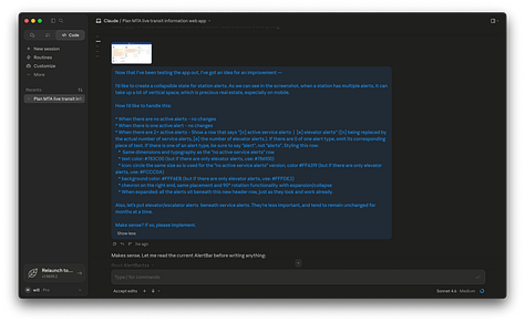 Screenshot of how service alerts first rendered, stacked high; Claude screenshot of instructions specifying the creation of a summary header for each station's active alerts that includes expand/collapse controls; screenshot of the resulting/current implementation