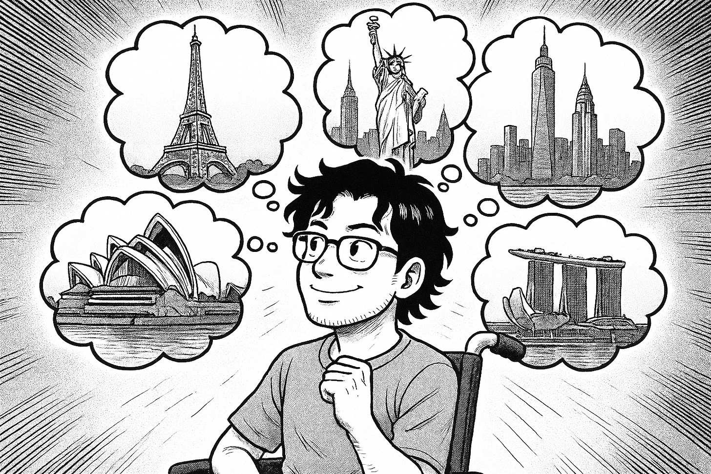 Smiling person in a wheelchair imagines famous landmarks, including the Eiffel Tower, Statue of Liberty, and Marina Bay Sands.