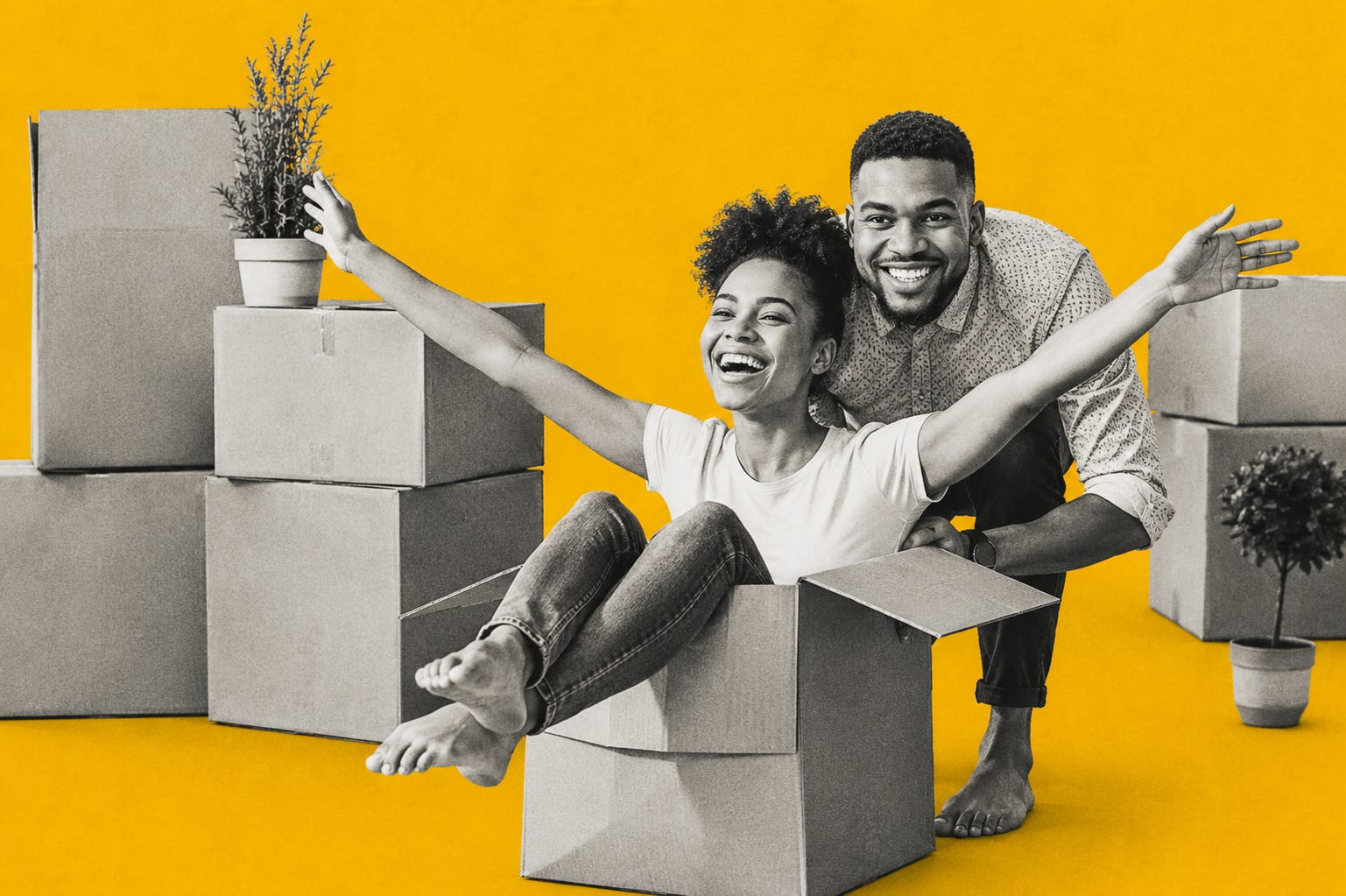 A joyful couple celebrate a fresh start as they settle into their new space, surrounded by moving boxes in a bold black, white, and yellow editorial-style scene. Generated image inspired by the excitement, hope, and energy that often come with finding a new place to call home.