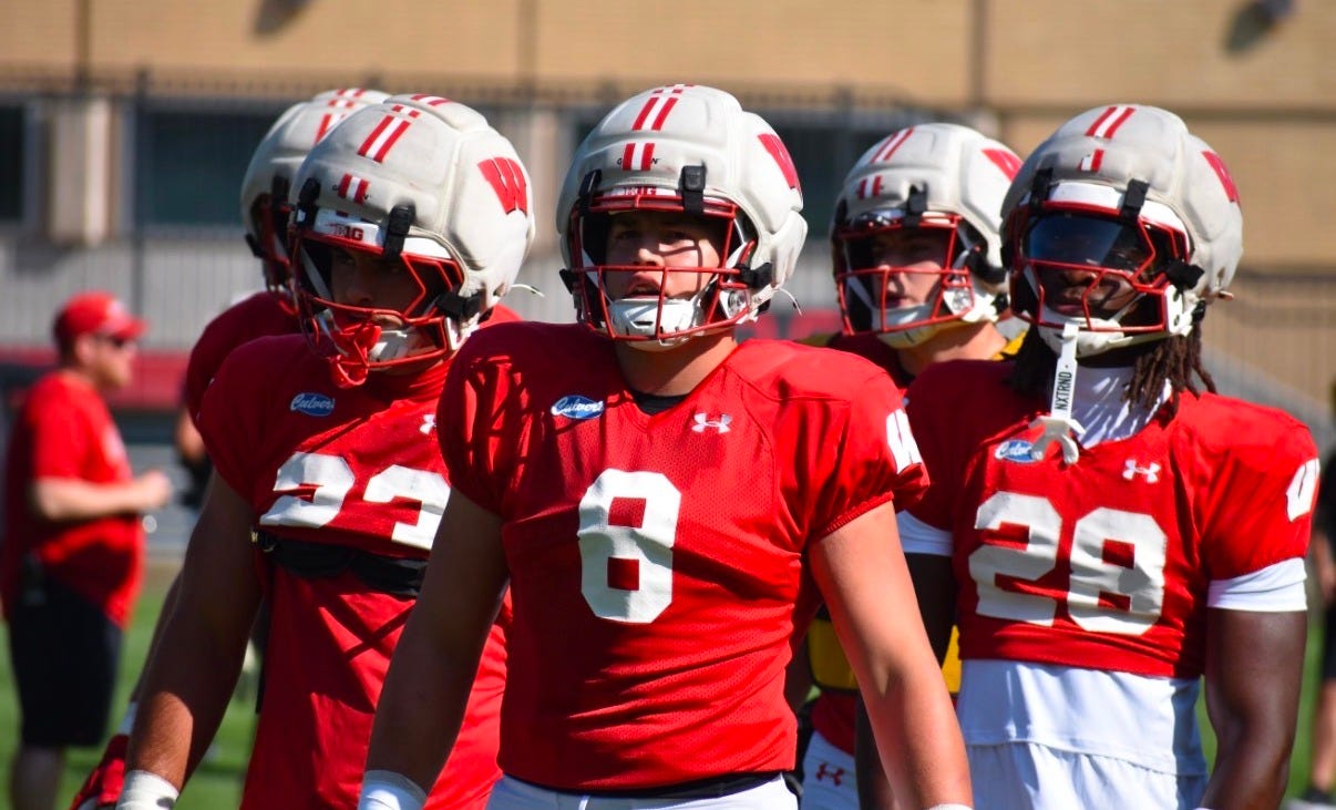 Wisconsin Badgers linebacker Mason Posa and his teammates walk onto the field during practice. Wisconsin Badgers linebacker Mason Posa and his teammates walk onto the field during practice.