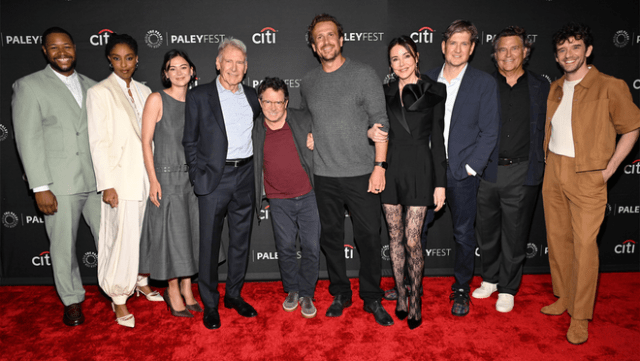 Luke Tennie, Jessica Williams, Lukita Maxwell, Harrison Ford, Michael J. Fox, Jason Segel (co-creator/executive producer), Christa Miller, Bill Lawrence (co-creator/showrunner/executive producer), Ted McGinley and Michael Urie attend Apple TV’s “Shrinking” season three finale screening at PaleyFest LA at the Dolby Theatre on April 07, 2026 in Hollywood, California.