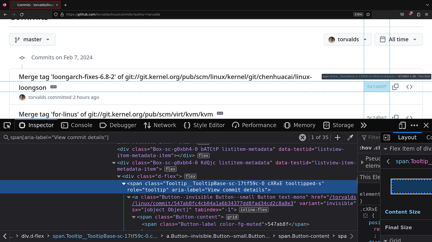 Browser screenshot of the developer options showing the latest commit of the repository