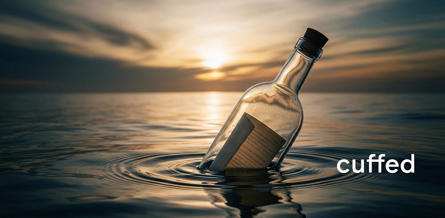 “the quiet milestone” cover art for cuffed m.25. cinematic image of a single glass bottle floating in the ocean at dusk, soft ripples in muted blue and bronze tones. warm chiaroscuro lighting creates a moody horizon glow. background evokes solitude and reflection. no people, no text overlay. logo: black fused “ff” cuffed anchored bottom-right. seo tags: masculine reflection quote, milestone introspection, cuffed brand independence. “the quiet milestone” cover art for cuffed m.25. cinematic image of a single glass bottle floating in the ocean at dusk, soft ripples in muted blue and bronze tones. warm chiaroscuro lighting creates a moody horizon glow. background evokes solitude and reflection. no people, no text overlay. logo: black fused “ff” cuffed anchored bottom-right. seo tags: masculine reflection quote, milestone introspection, cuffed brand independence.