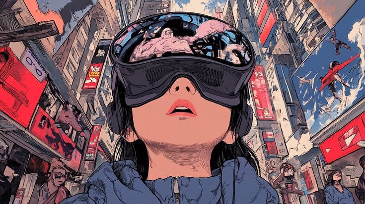 This may contain: a woman wearing a virtual reality headset in the middle of a crowded city street This may contain: a woman wearing a virtual reality headset in the middle of a crowded city street