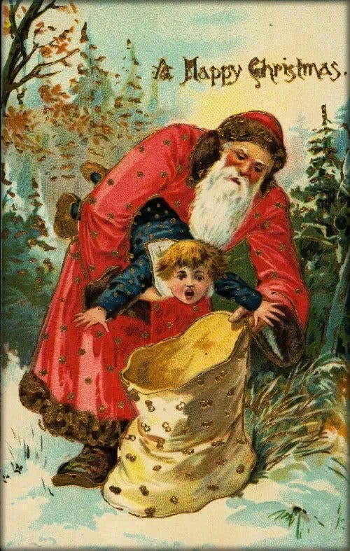 Victorian Christmas Cards: c. 1900. Santa Sacks a Screaming Child-Happy Christmas. Image: Missouri History Museum Photographs and Prints Collections.