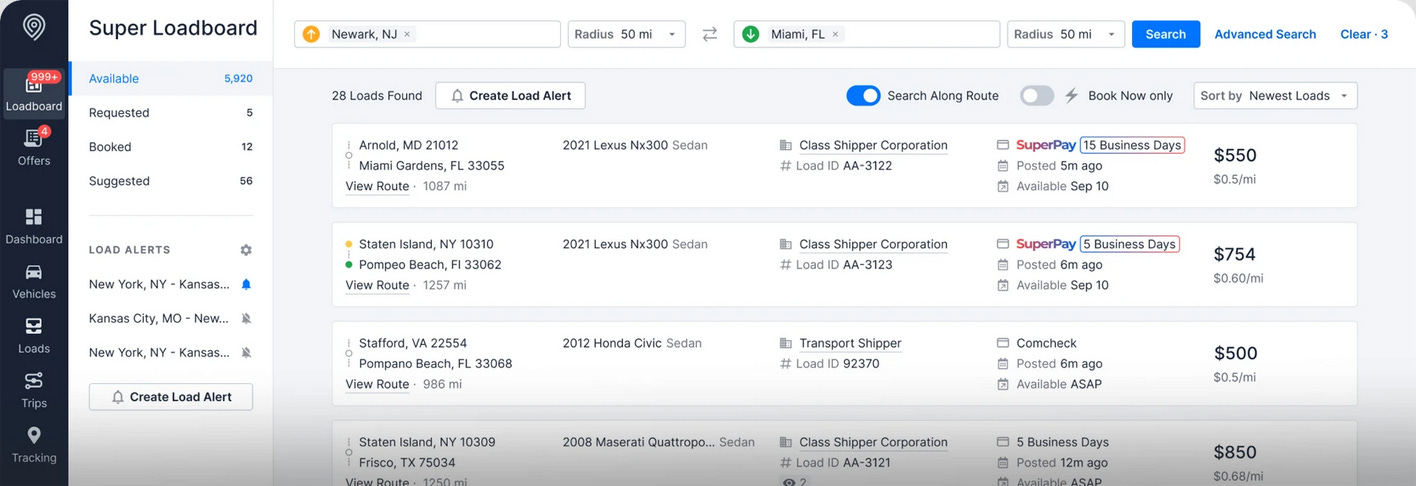 Screen Shot of Auto Transport Load Board for Super Dispatch